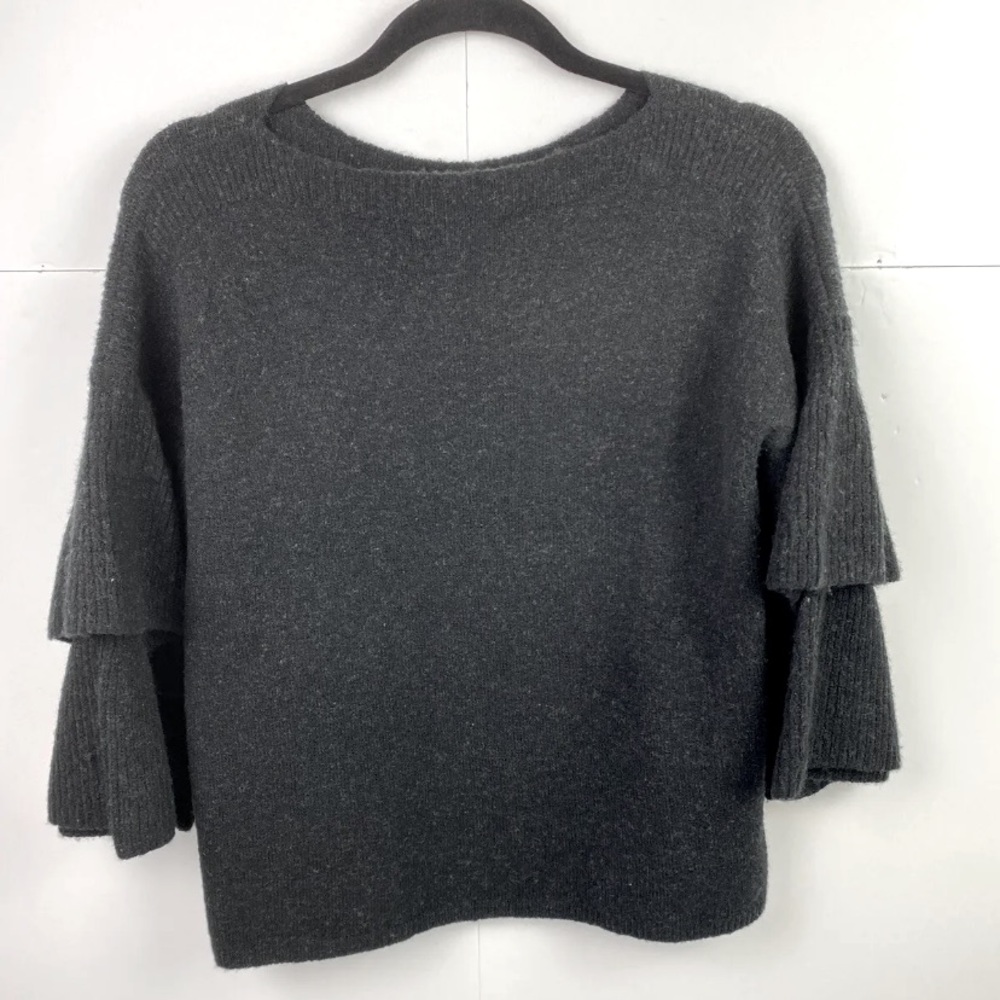 Madewell Black Size XS Wool Blend stretch Ruffle Sleeve Pull Over Sweater